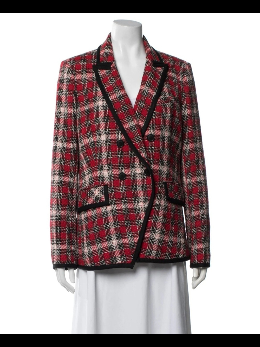 Veronica Beard Red Plaid Double-Breasted Blazer with Black Trim